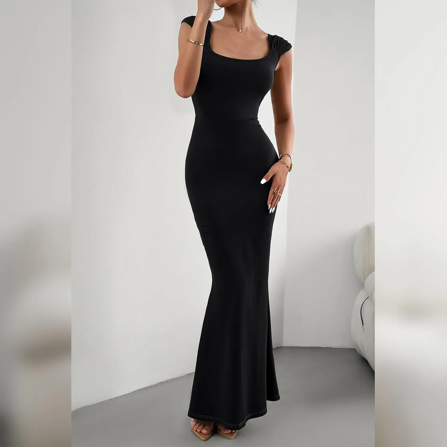 OBEEII Women Bodycon Maxi Dress Sexy Square Neck Lounge Long Dress Elegant Cap Sleeve Slim Fit Mermaid Hem Evening Dress