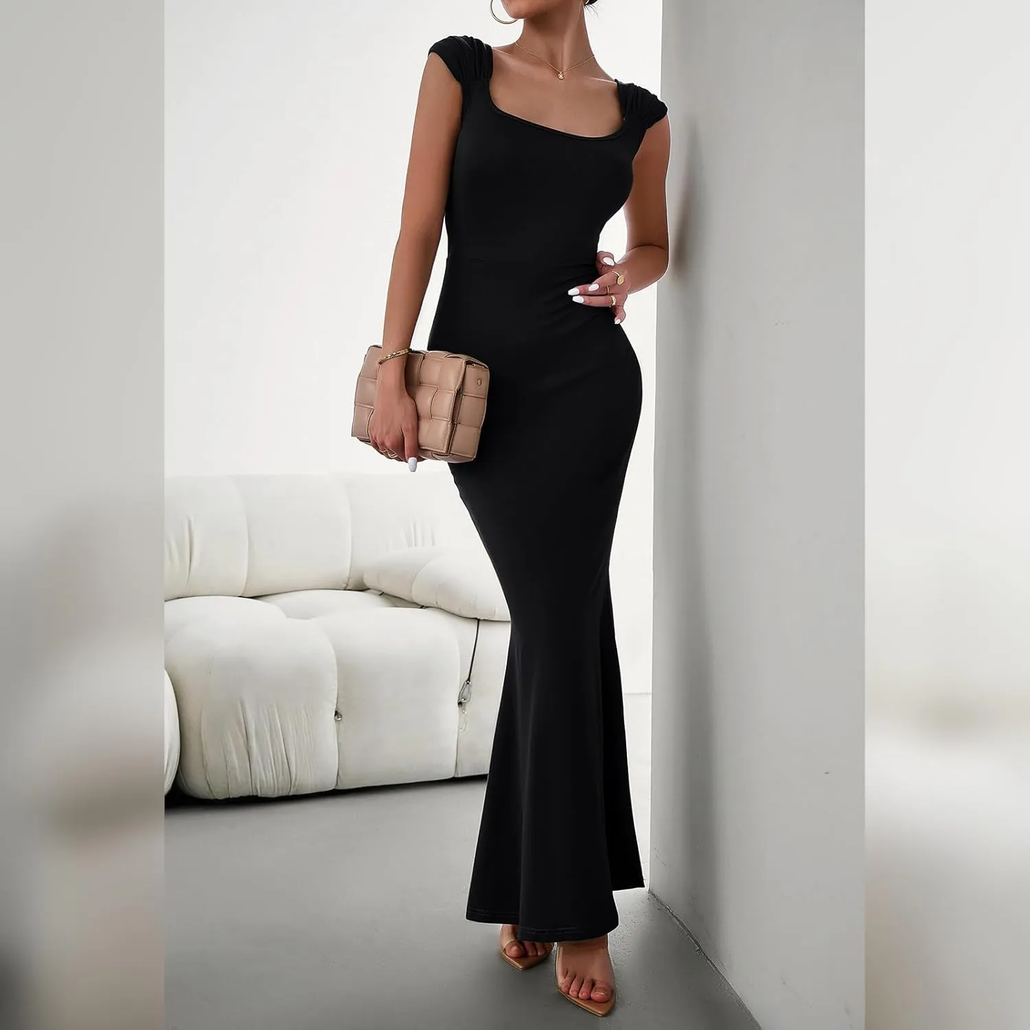 OBEEII Women Bodycon Maxi Dress Sexy Square Neck Lounge Long Dress Elegant Cap Sleeve Slim Fit Mermaid Hem Evening Dress