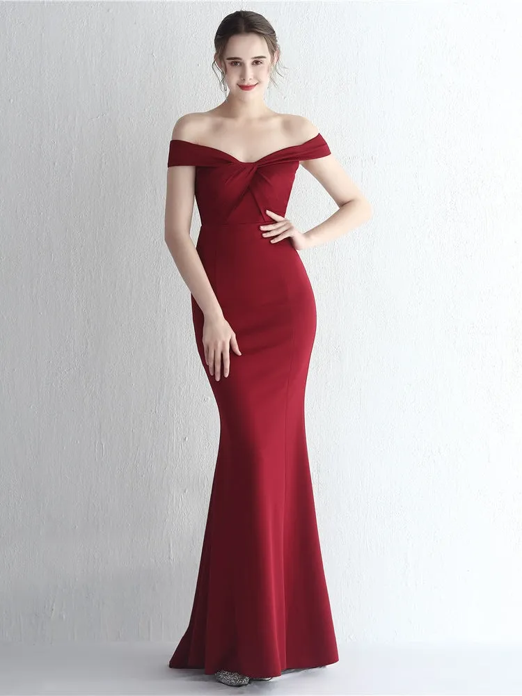 Off-Shoulder Forest Green Sleek Silhouette Evening Dress