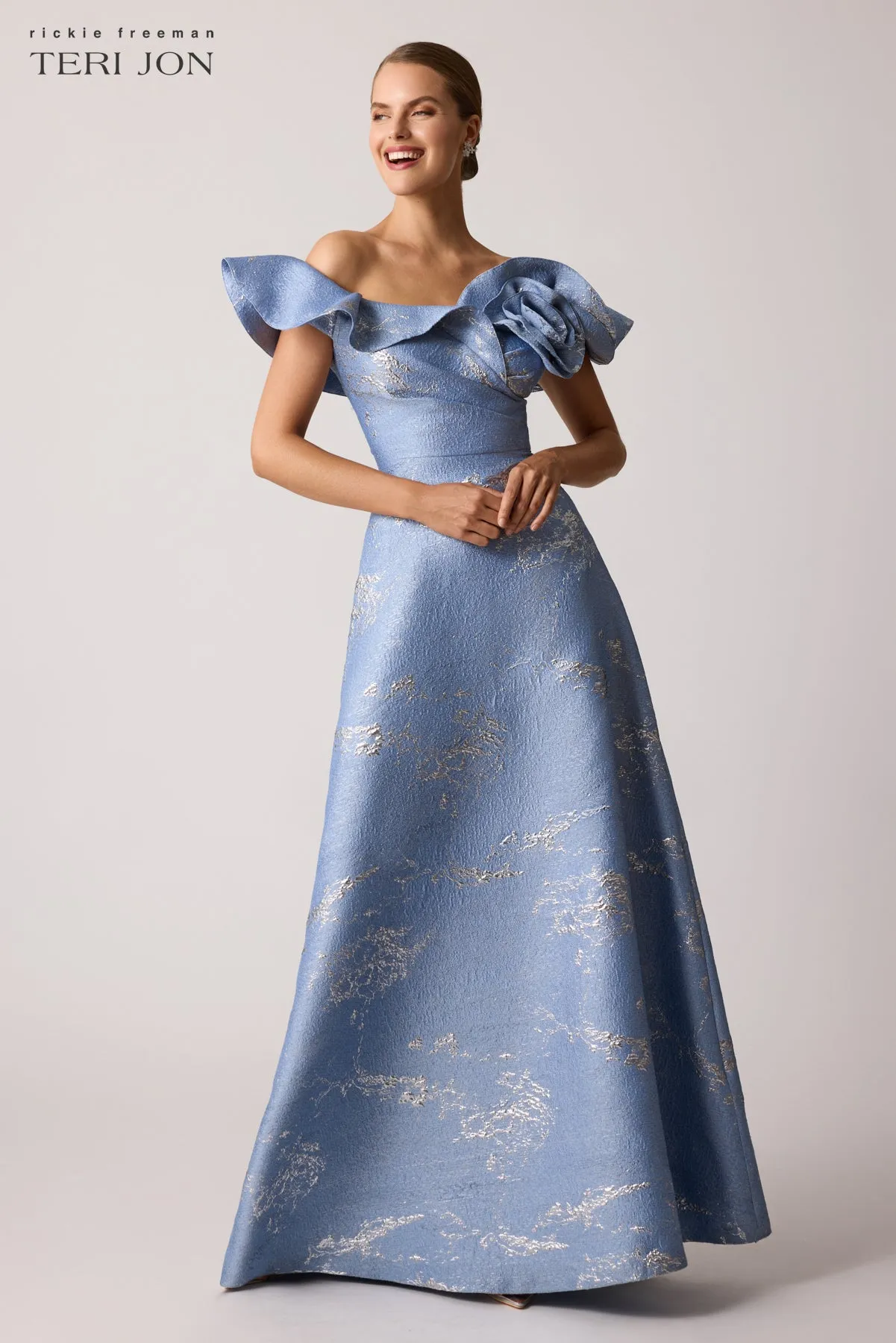 Off Shoulder Jacquard Ruffle Gown With Flower Applique