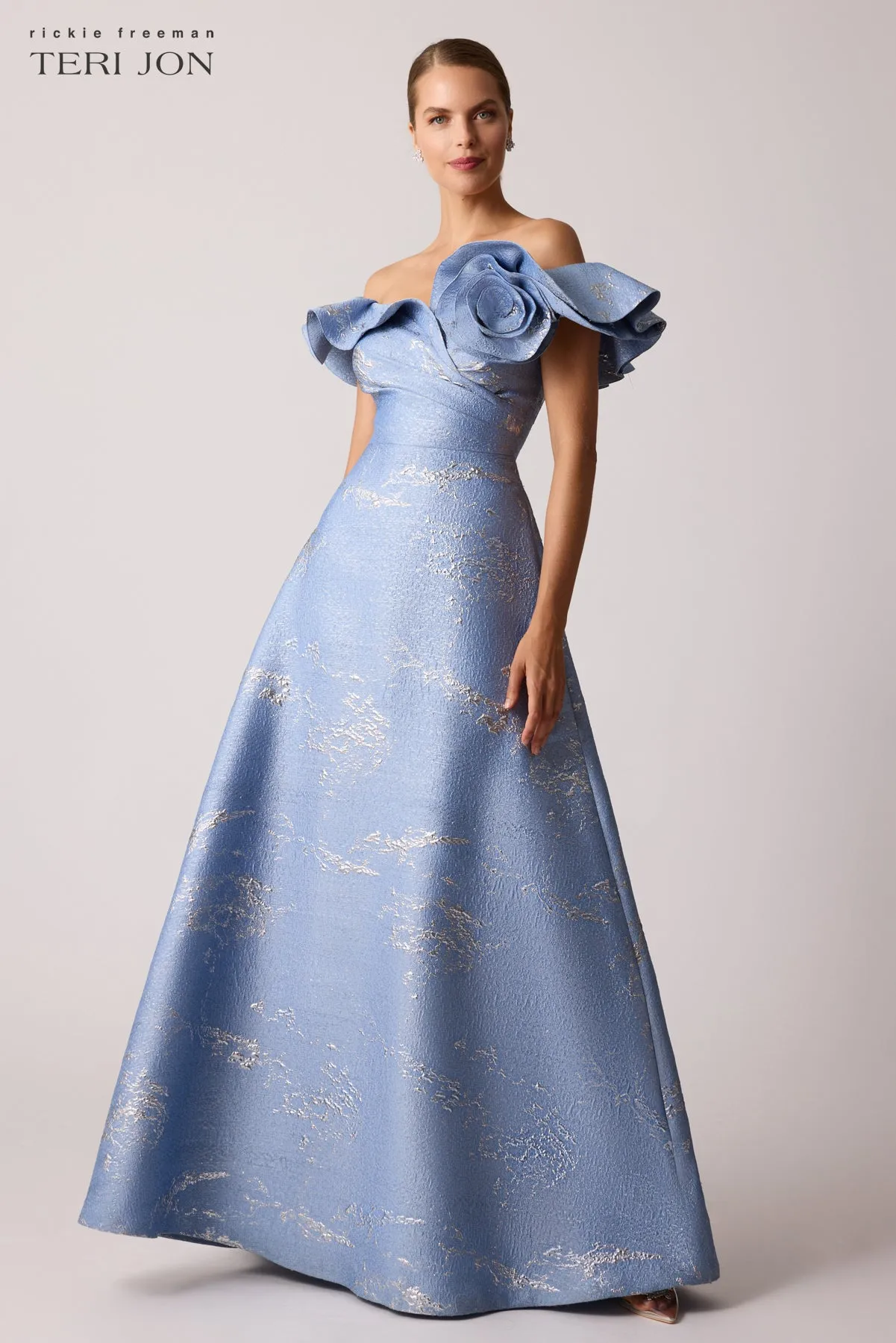 Off Shoulder Jacquard Ruffle Gown With Flower Applique