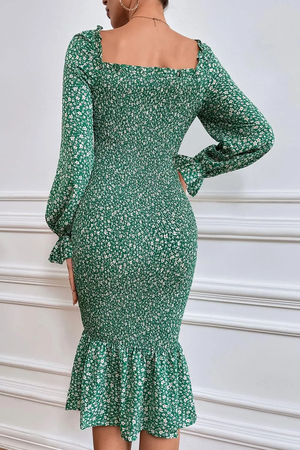 PRETTYGARDEN Women's Long Puff Sleeve Floral Midi Bodycon Dresses Square Neck Ruffle Mermaid Smocked Dress