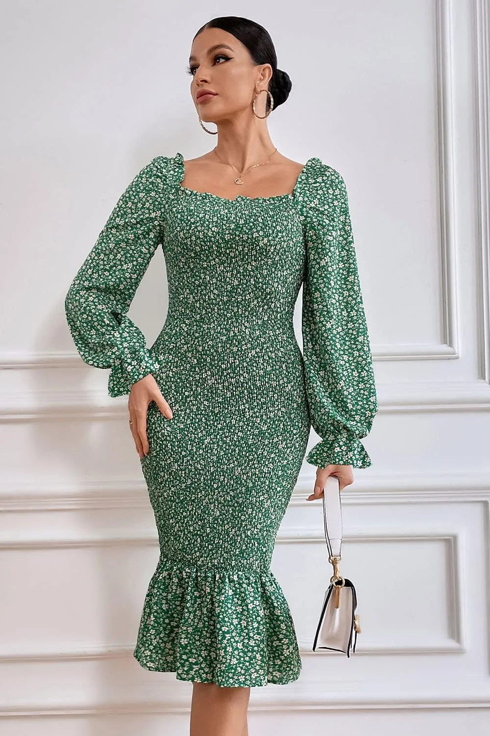 PRETTYGARDEN Women's Long Puff Sleeve Floral Midi Bodycon Dresses Square Neck Ruffle Mermaid Smocked Dress
