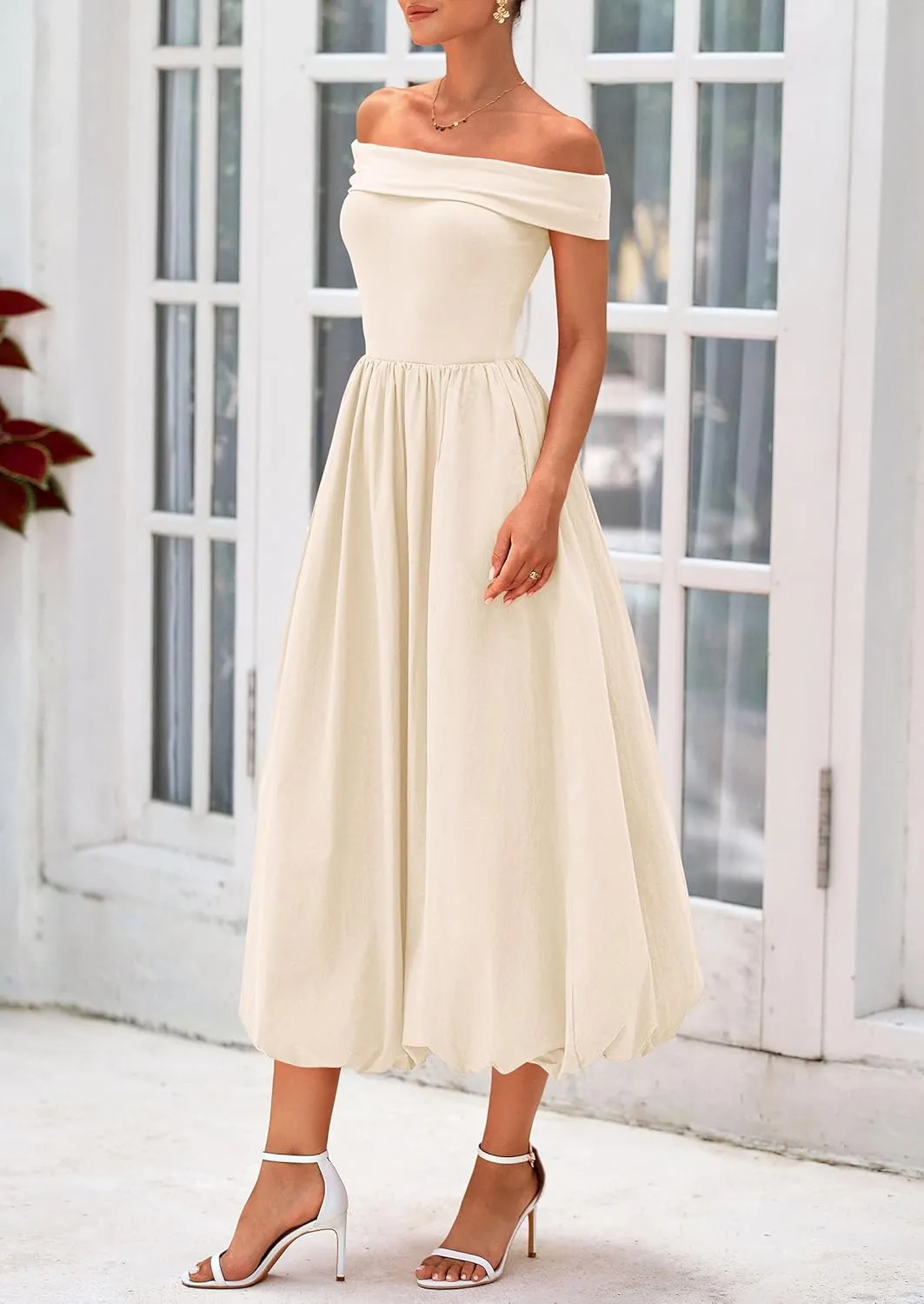 PRETTYGARDEN Womens Summer Off Shoulder Sleeveless Midi Dress Cocktail A Line Flowy Wedding Guest Dresses with Pockets