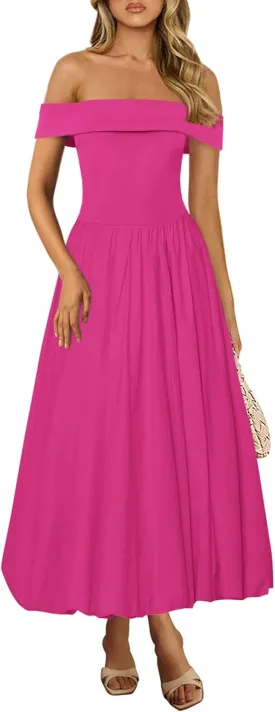 PRETTYGARDEN Womens Summer Off Shoulder Sleeveless Midi Dress Cocktail A Line Flowy Wedding Guest Dresses with Pockets