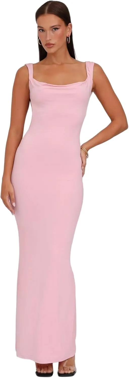 RARITYUS Women's Sexy Cowl Neck Backless Maxi Dress Elegant Satin Bowknot Long Dress Cocktail Party Evening Gown