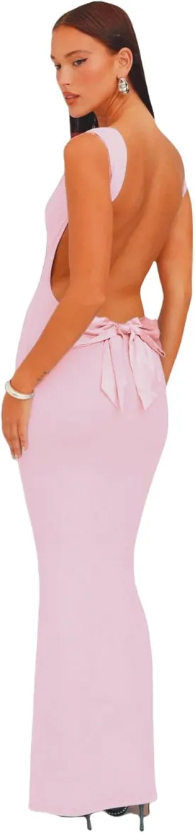 RARITYUS Women's Sexy Cowl Neck Backless Maxi Dress Elegant Satin Bowknot Long Dress Cocktail Party Evening Gown