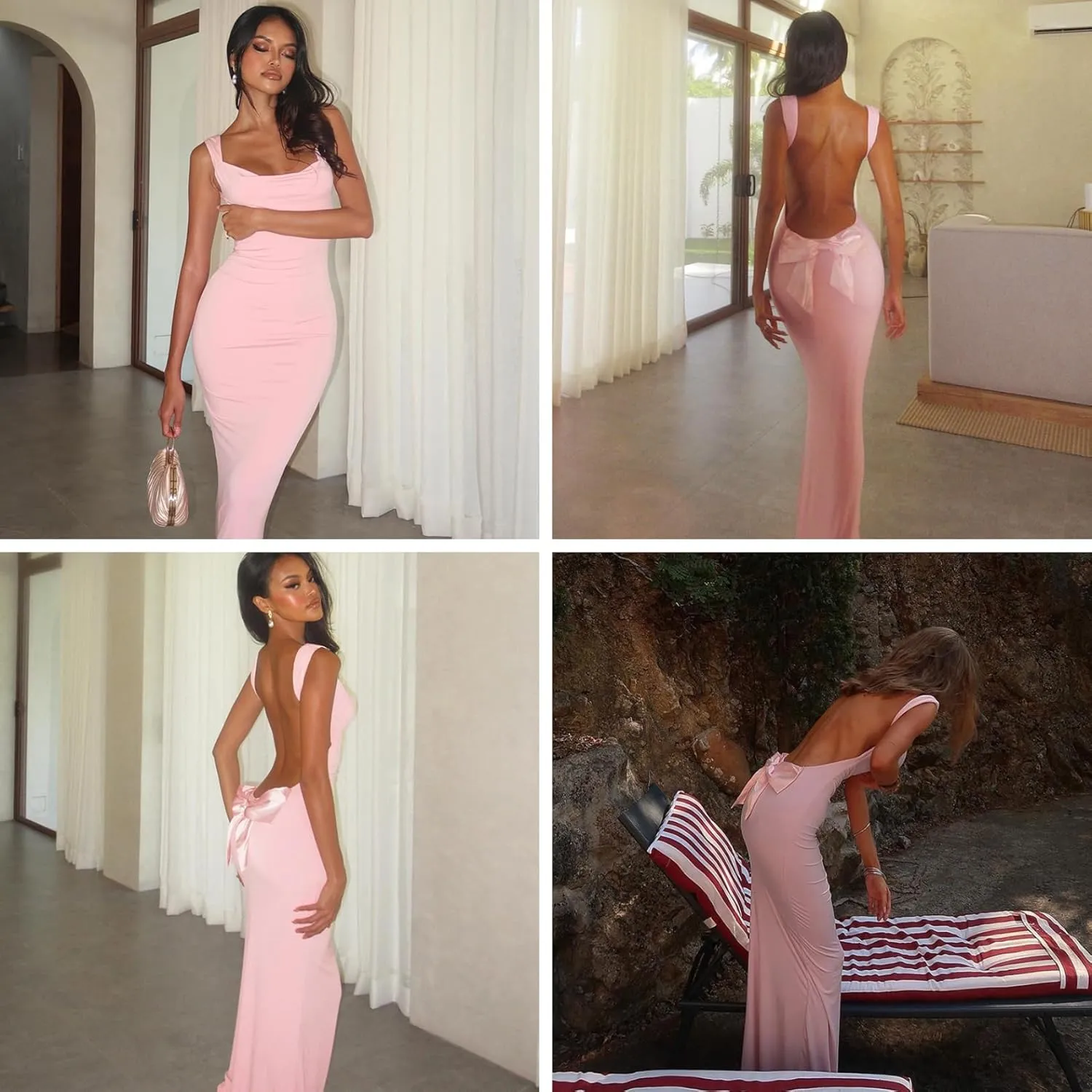 RARITYUS Women's Sexy Cowl Neck Backless Maxi Dress Elegant Satin Bowknot Long Dress Cocktail Party Evening Gown