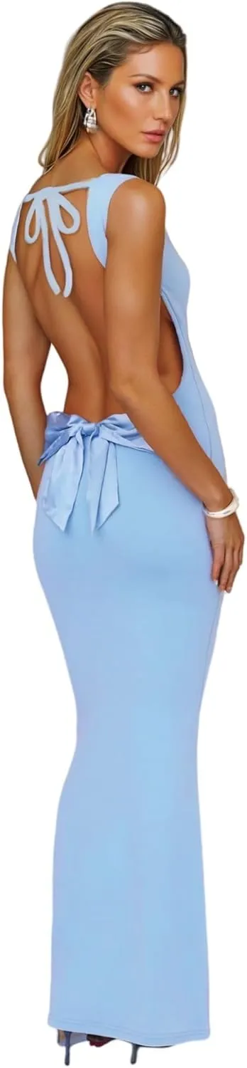 RARITYUS Women's Sexy Cowl Neck Backless Maxi Dress Elegant Satin Bowknot Long Dress Cocktail Party Evening Gown