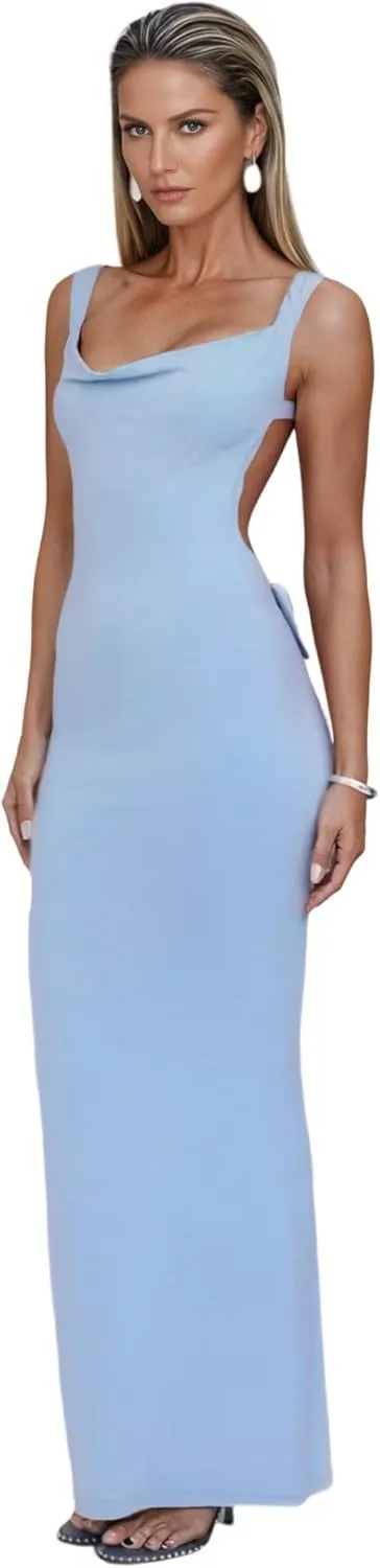 RARITYUS Women's Sexy Cowl Neck Backless Maxi Dress Elegant Satin Bowknot Long Dress Cocktail Party Evening Gown