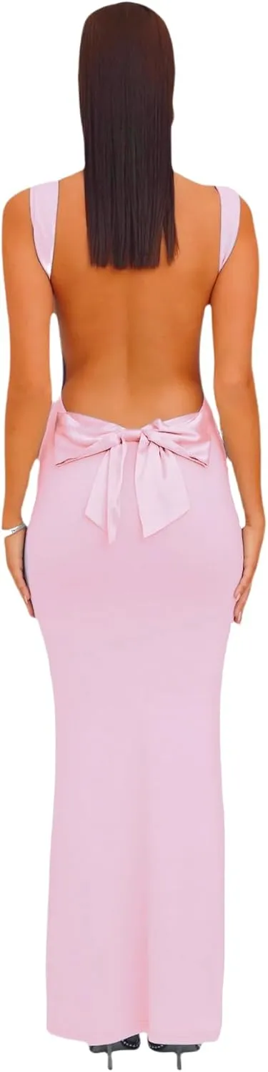 RARITYUS Women's Sexy Cowl Neck Backless Maxi Dress Elegant Satin Bowknot Long Dress Cocktail Party Evening Gown