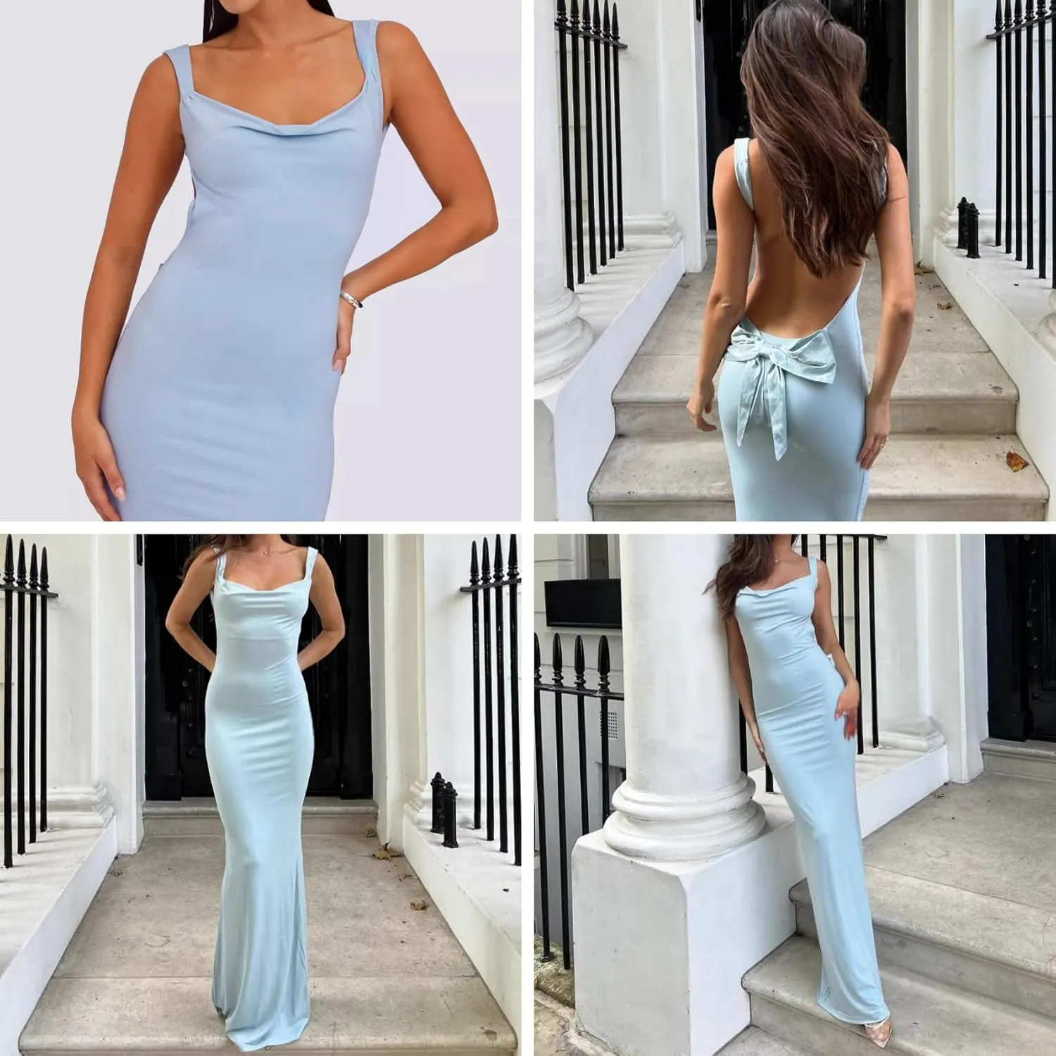 RARITYUS Women's Sexy Cowl Neck Backless Maxi Dress Elegant Satin Bowknot Long Dress Cocktail Party Evening Gown
