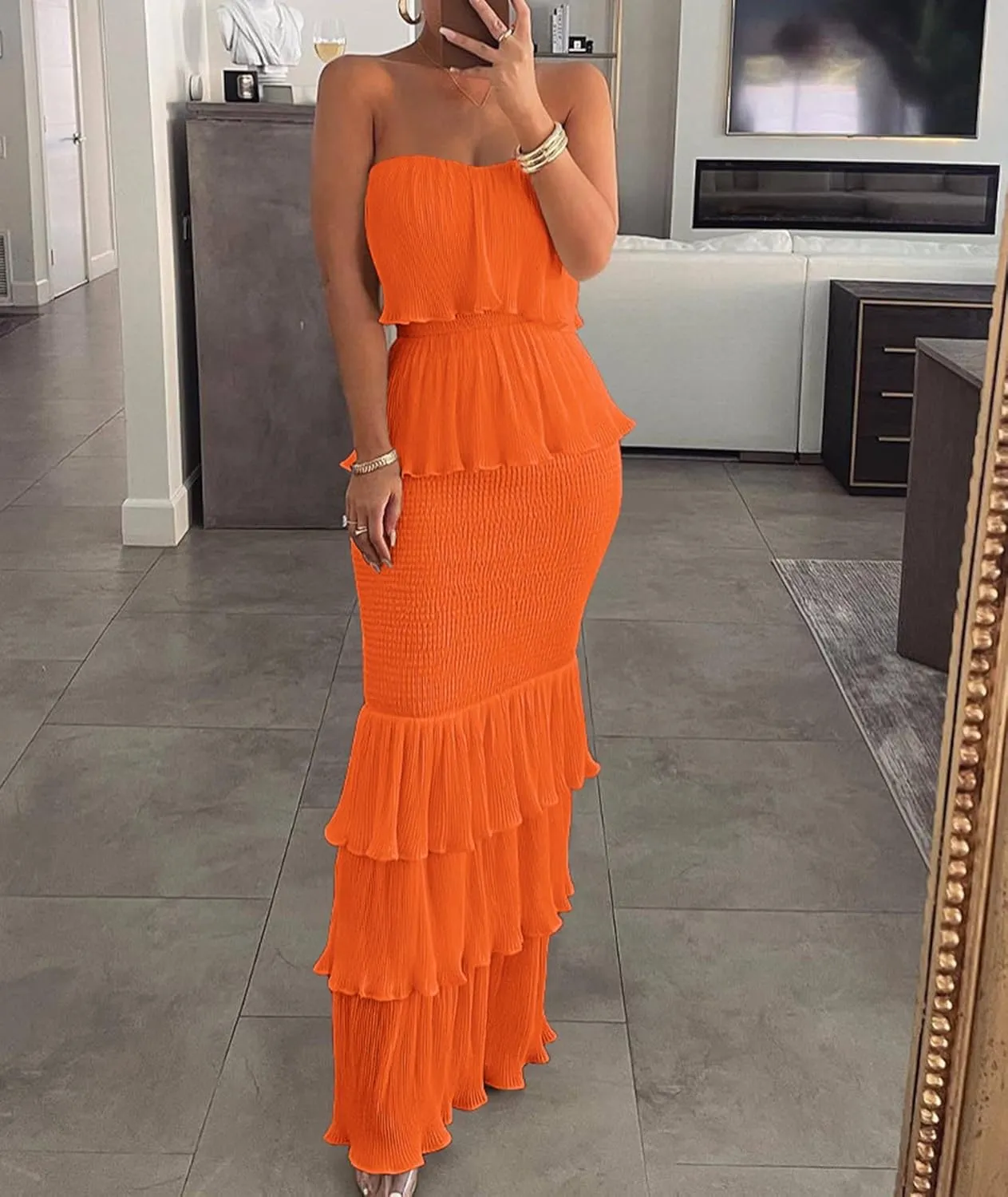 Sexyshine Women's Tube Top Ruffled Tiered Maxi Dress Sleeveless Backless Bodycon Smocked Shirred Party Holiday Long Dress