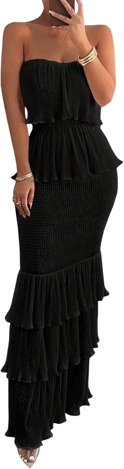 Sexyshine Women's Tube Top Ruffled Tiered Maxi Dress Sleeveless Backless Bodycon Smocked Shirred Party Holiday Long Dress