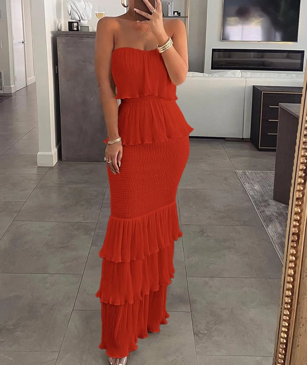 Sexyshine Women's Tube Top Ruffled Tiered Maxi Dress Sleeveless Backless Bodycon Smocked Shirred Party Holiday Long Dress