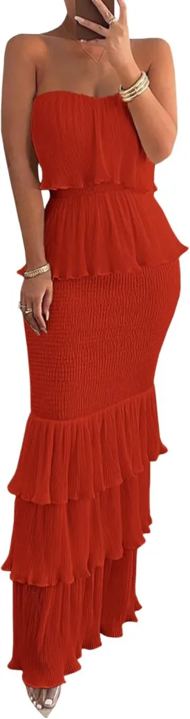 Sexyshine Women's Tube Top Ruffled Tiered Maxi Dress Sleeveless Backless Bodycon Smocked Shirred Party Holiday Long Dress