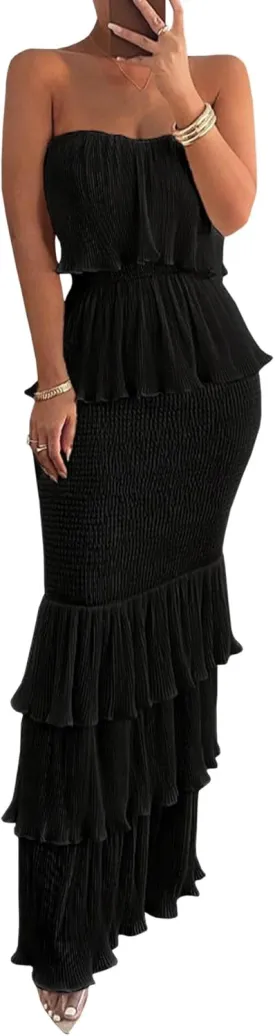 Sexyshine Women's Tube Top Ruffled Tiered Maxi Dress Sleeveless Backless Bodycon Smocked Shirred Party Holiday Long Dress