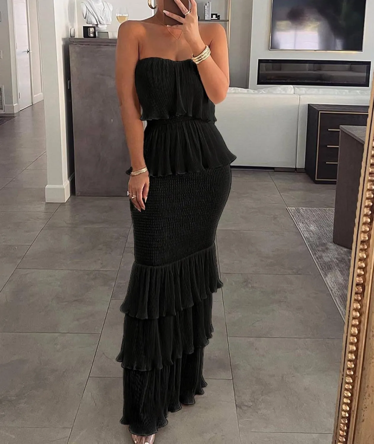 Sexyshine Women's Tube Top Ruffled Tiered Maxi Dress Sleeveless Backless Bodycon Smocked Shirred Party Holiday Long Dress