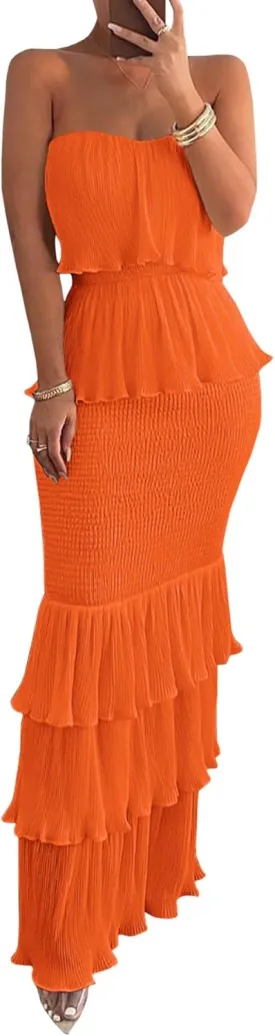 Sexyshine Women's Tube Top Ruffled Tiered Maxi Dress Sleeveless Backless Bodycon Smocked Shirred Party Holiday Long Dress