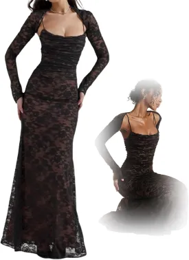 Shawl Drawstring Lace Maxi Dress, 2 Piece Corset Capelet Floral Soft Mesh Sexy Evening Dress