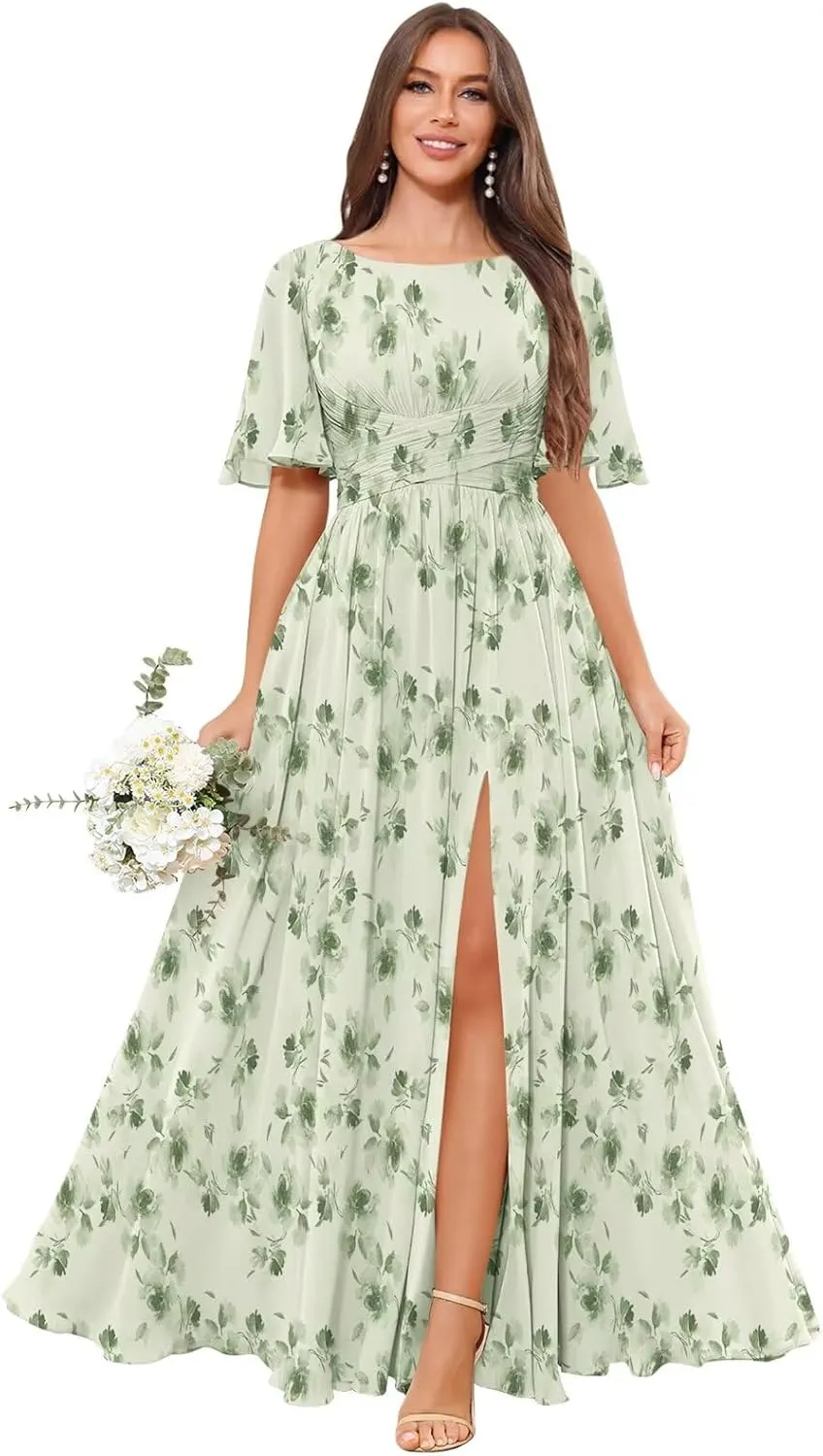 Short Sleeve Bridesmaid Dresses Long A Line Pleated Chiffon Formal Evening Dress with Slit