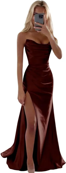 Strapless Satin Prom Dresses with Slit Long Mermaid Formal Bridesmaid Dresses for Women