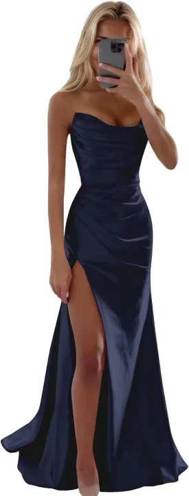 Strapless Satin Prom Dresses with Slit Long Mermaid Formal Bridesmaid Dresses for Women