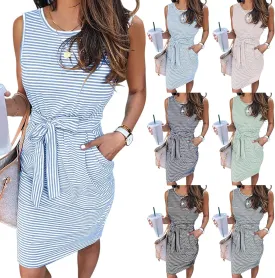 Summer Dress for Women Fashion Striped Sleeveless T Shirt Dress Casual Crew Neck Tie Waist Mini Dresses Party Dresses