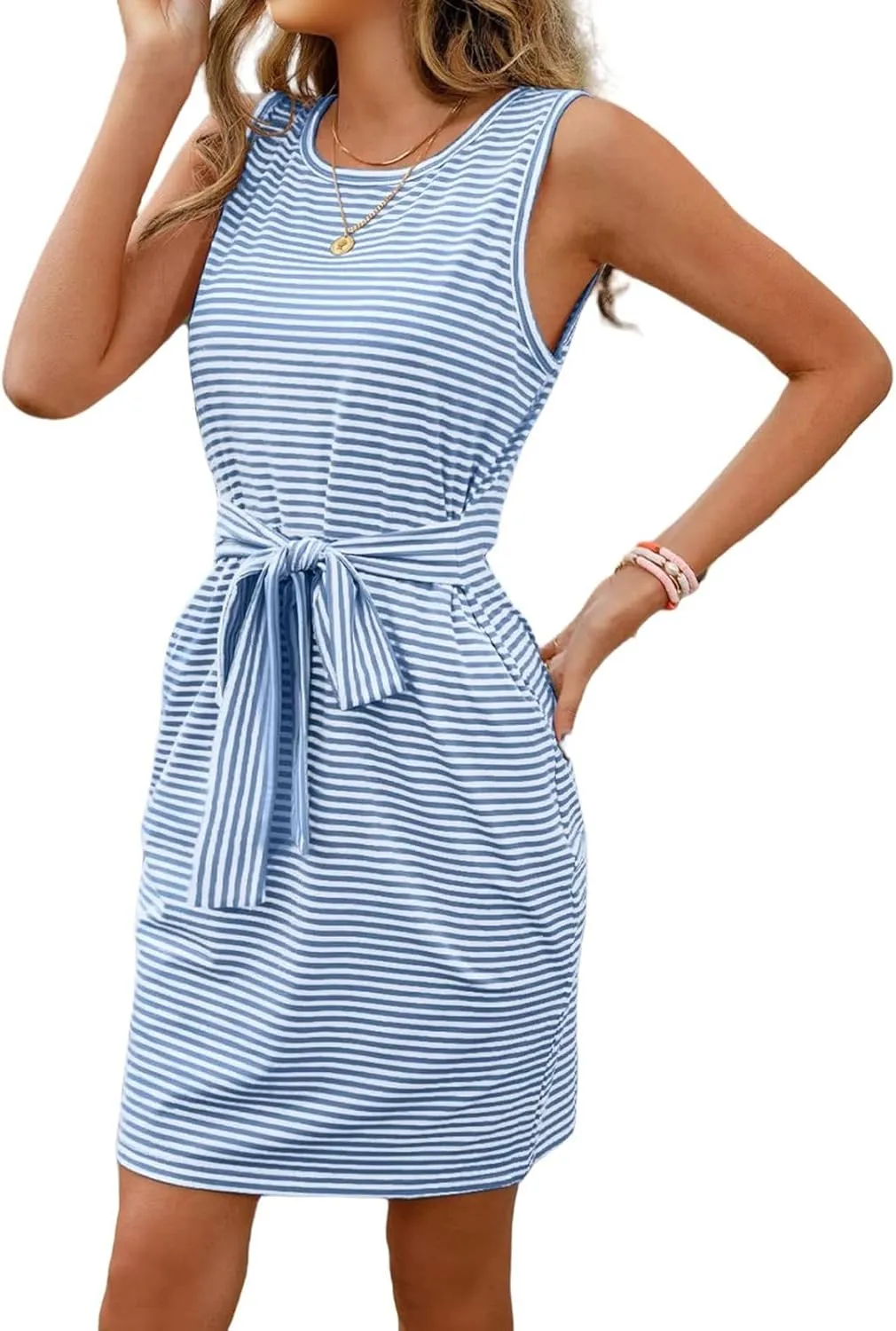 Summer Dress for Women Fashion Striped Sleeveless T Shirt Dress Casual Crew Neck Tie Waist Mini Dresses Party Dresses