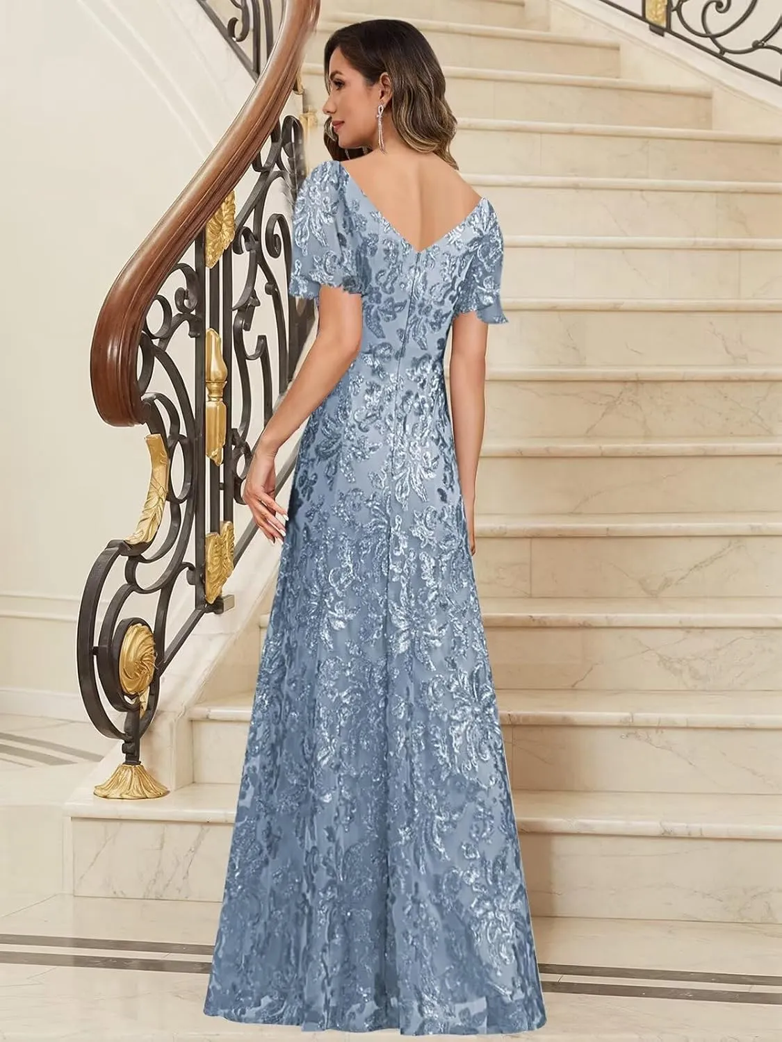 V Neck Mother of The Bride Dresses for Women Short Sleeve Long Sequin Lace Evening Formal Dress