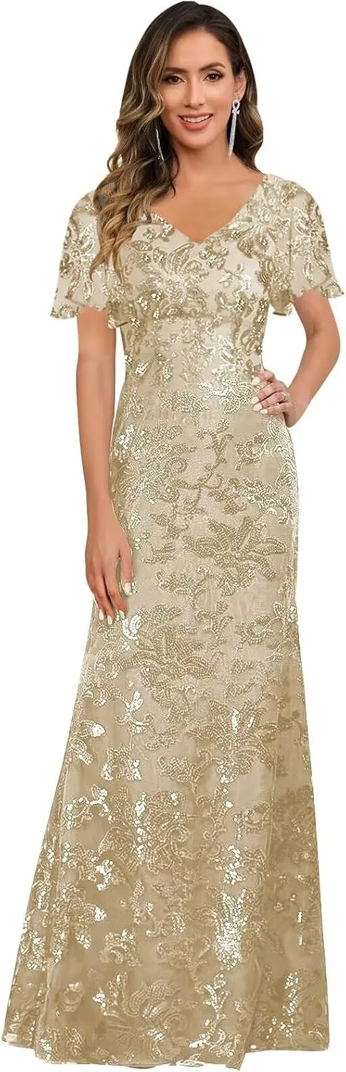 V Neck Mother of The Bride Dresses for Women Short Sleeve Long Sequin Lace Evening Formal Dress