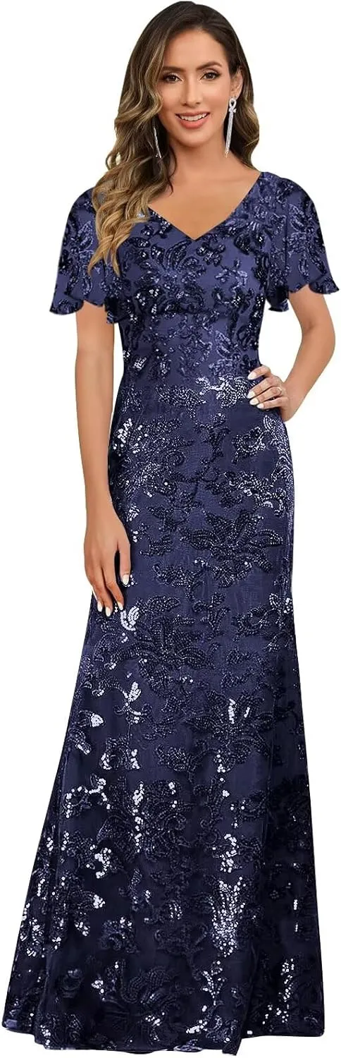 V Neck Mother of The Bride Dresses for Women Short Sleeve Long Sequin Lace Evening Formal Dress