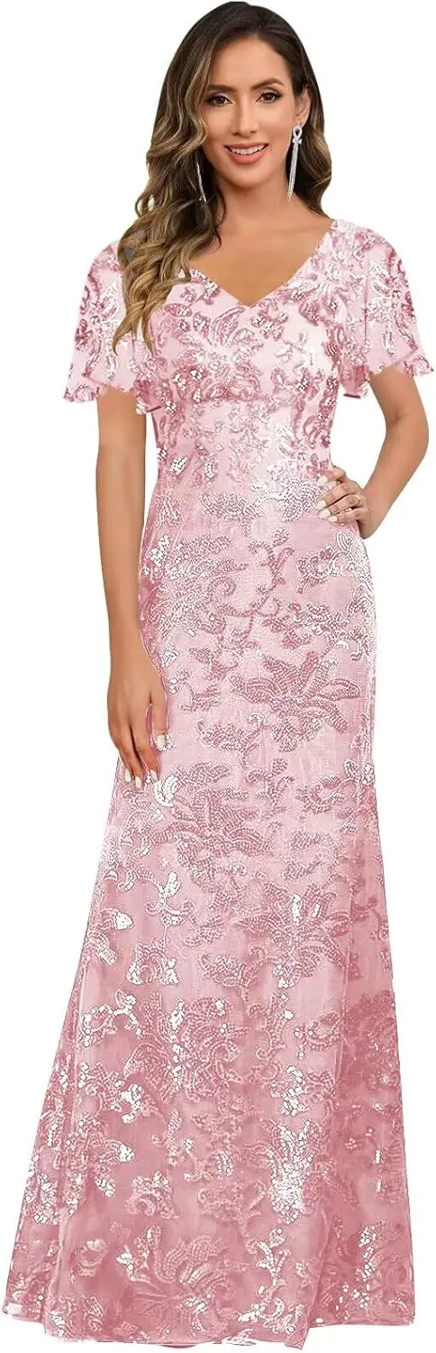 V Neck Mother of The Bride Dresses for Women Short Sleeve Long Sequin Lace Evening Formal Dress