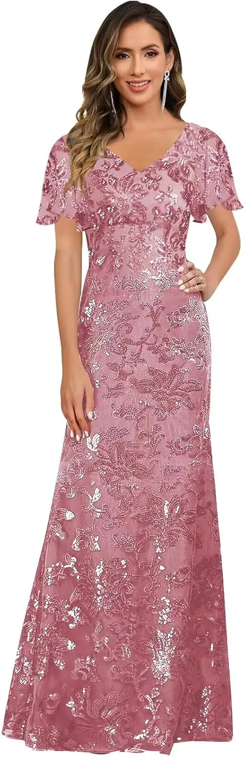 V Neck Mother of The Bride Dresses for Women Short Sleeve Long Sequin Lace Evening Formal Dress