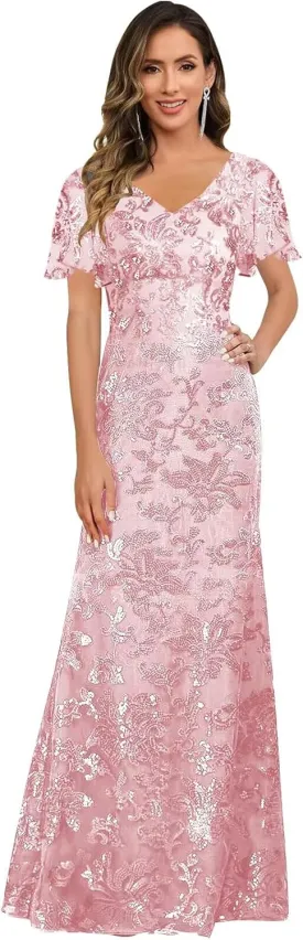 V Neck Mother of The Bride Dresses for Women Short Sleeve Long Sequin Lace Evening Formal Dress