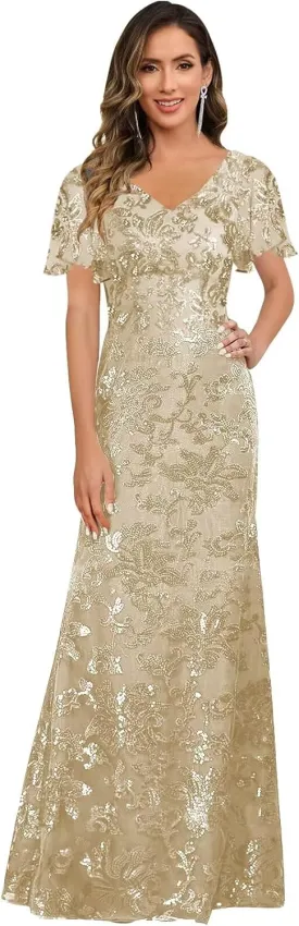 V Neck Mother of The Bride Dresses for Women Short Sleeve Long Sequin Lace Evening Formal Dress