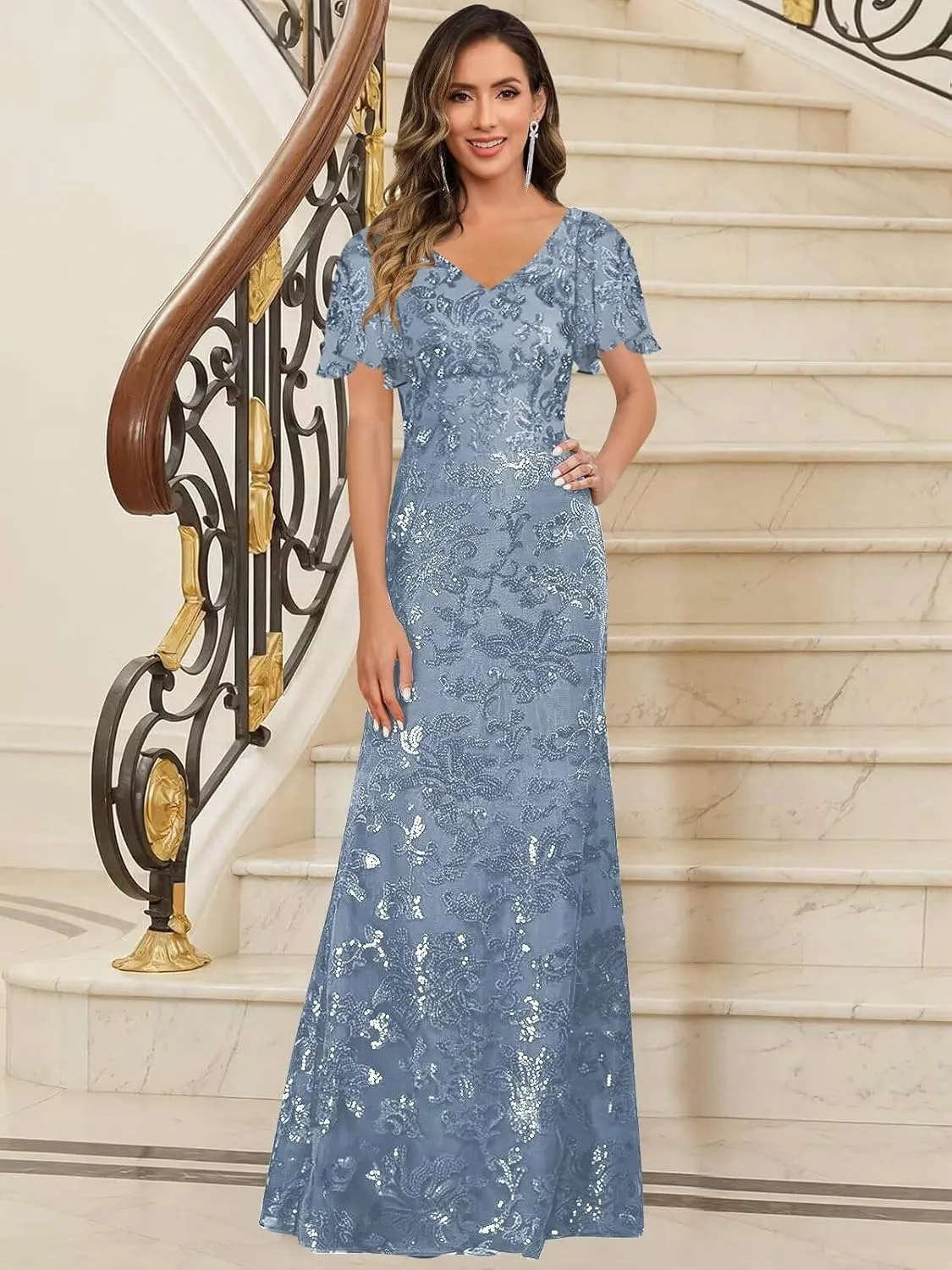 V Neck Mother of The Bride Dresses for Women Short Sleeve Long Sequin Lace Evening Formal Dress