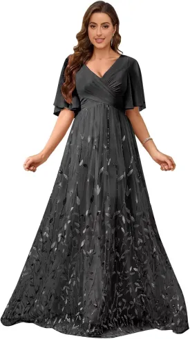 V Neck Mother of The Bride Dresses with Sleeves Floral Sequin Formal Dress Empire Waist Wedding Guest Dress