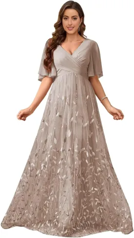 V Neck Mother of The Bride Dresses with Sleeves Floral Sequin Formal Dress Empire Waist Wedding Guest Dress