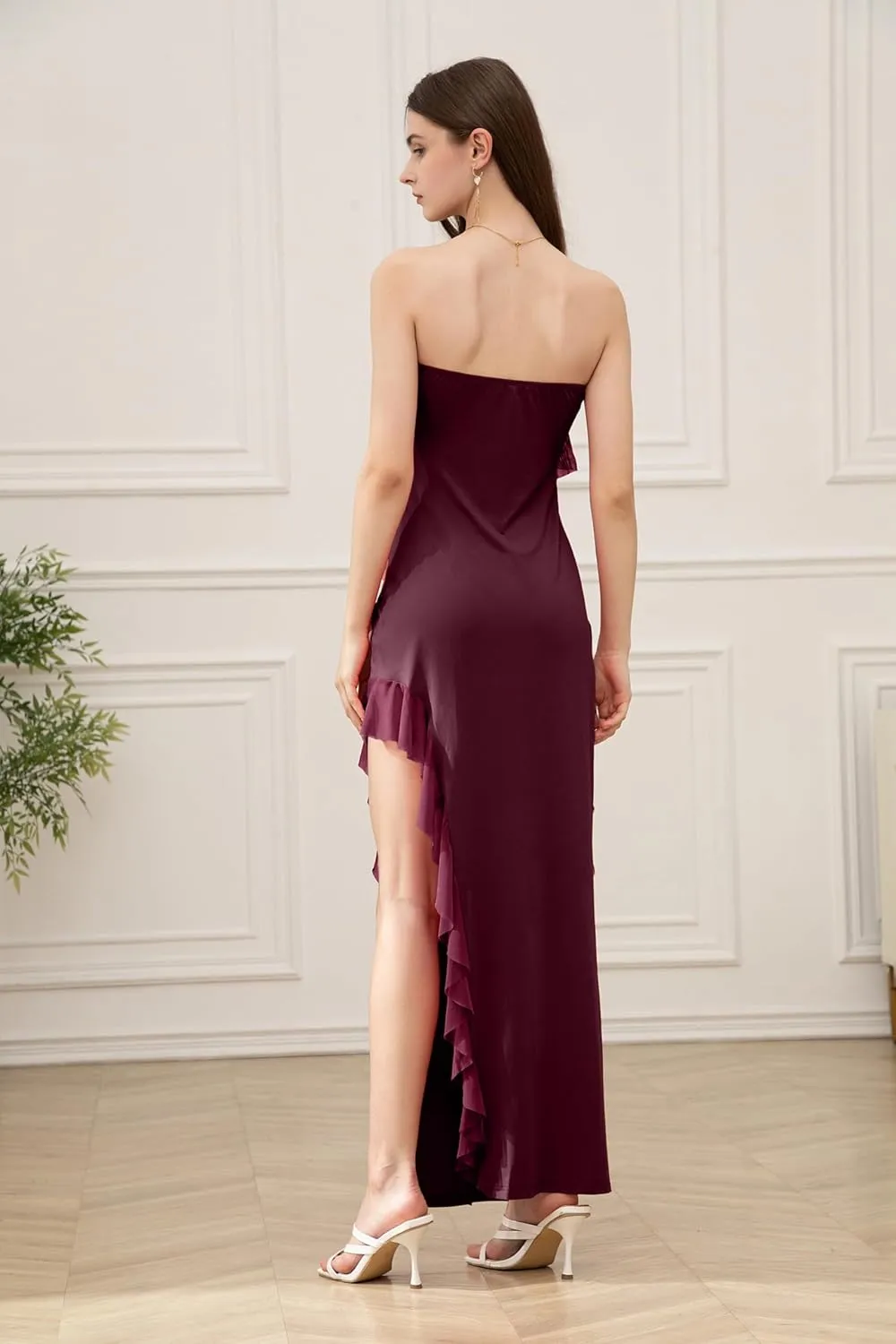 Velius Women Sexy Off Shoulder Strapless Mesh Tassel Ruffle Hem Split Maxi Party Dress