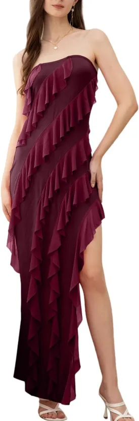 Velius Women Sexy Off Shoulder Strapless Mesh Tassel Ruffle Hem Split Maxi Party Dress