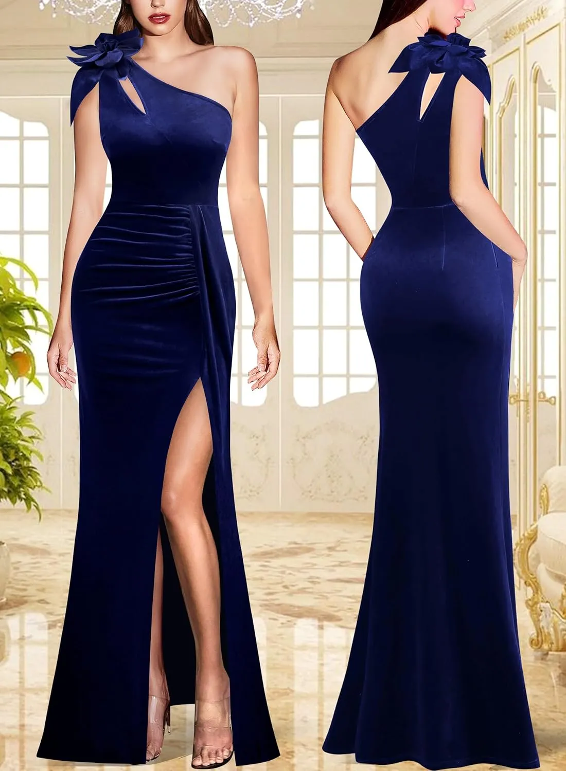 VFSHOW Womens 3D Flower One Shoulder Ruched Prom Formal Wedding Guest Maxi Dress 2023 Sexy Cocktail Split Cutout Evening Gown