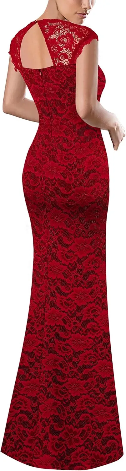 VFSHOW Womens Floral Lace Sweetheart Neck Open Back Zipper High Split Formal Evening Gown Wedding Prom Maxi Long Dress