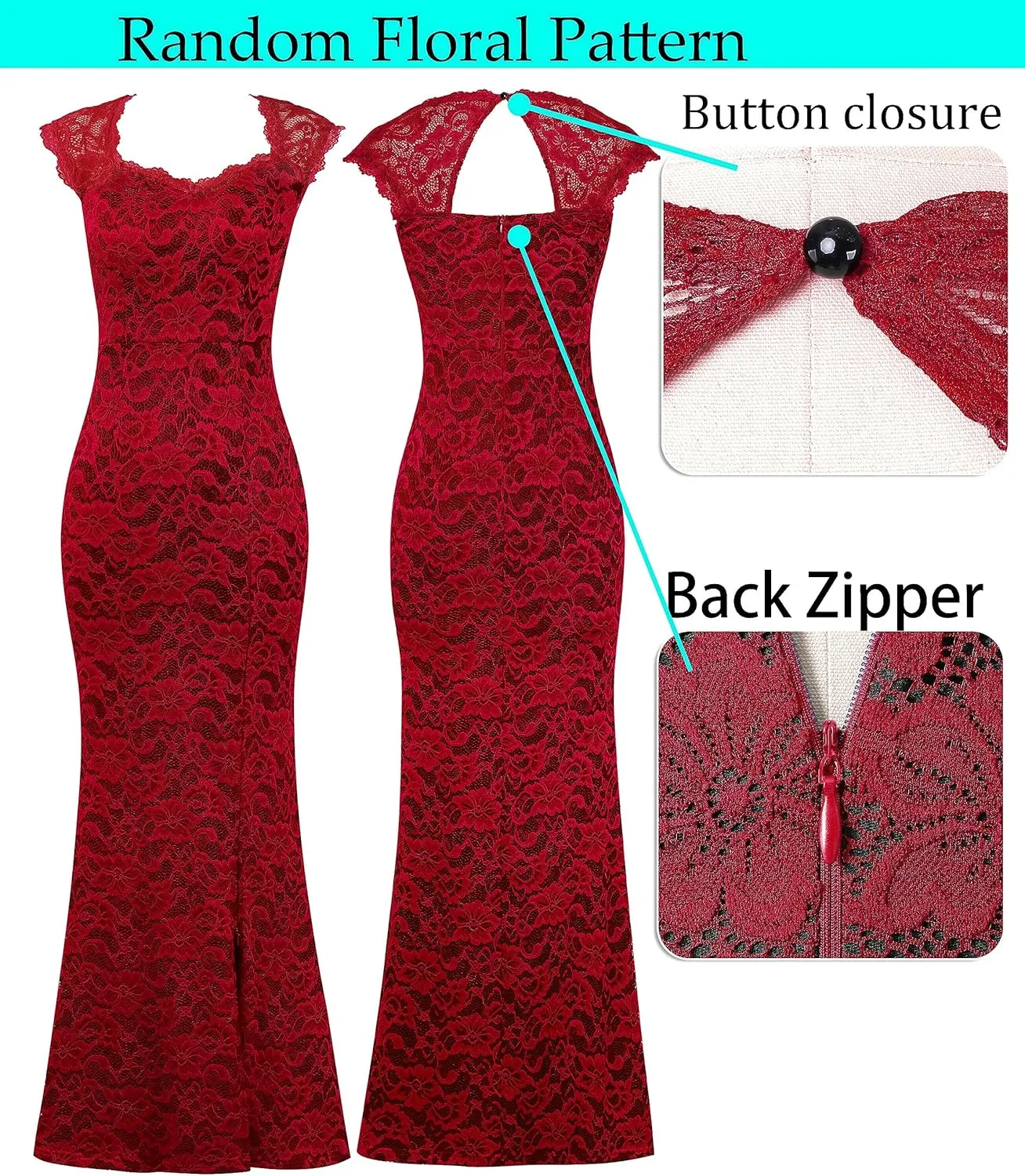 VFSHOW Womens Floral Lace Sweetheart Neck Open Back Zipper High Split Formal Evening Gown Wedding Prom Maxi Long Dress