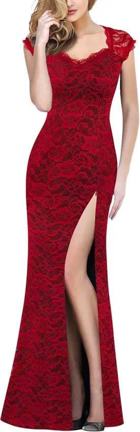 VFSHOW Womens Floral Lace Sweetheart Neck Open Back Zipper High Split Formal Evening Gown Wedding Prom Maxi Long Dress
