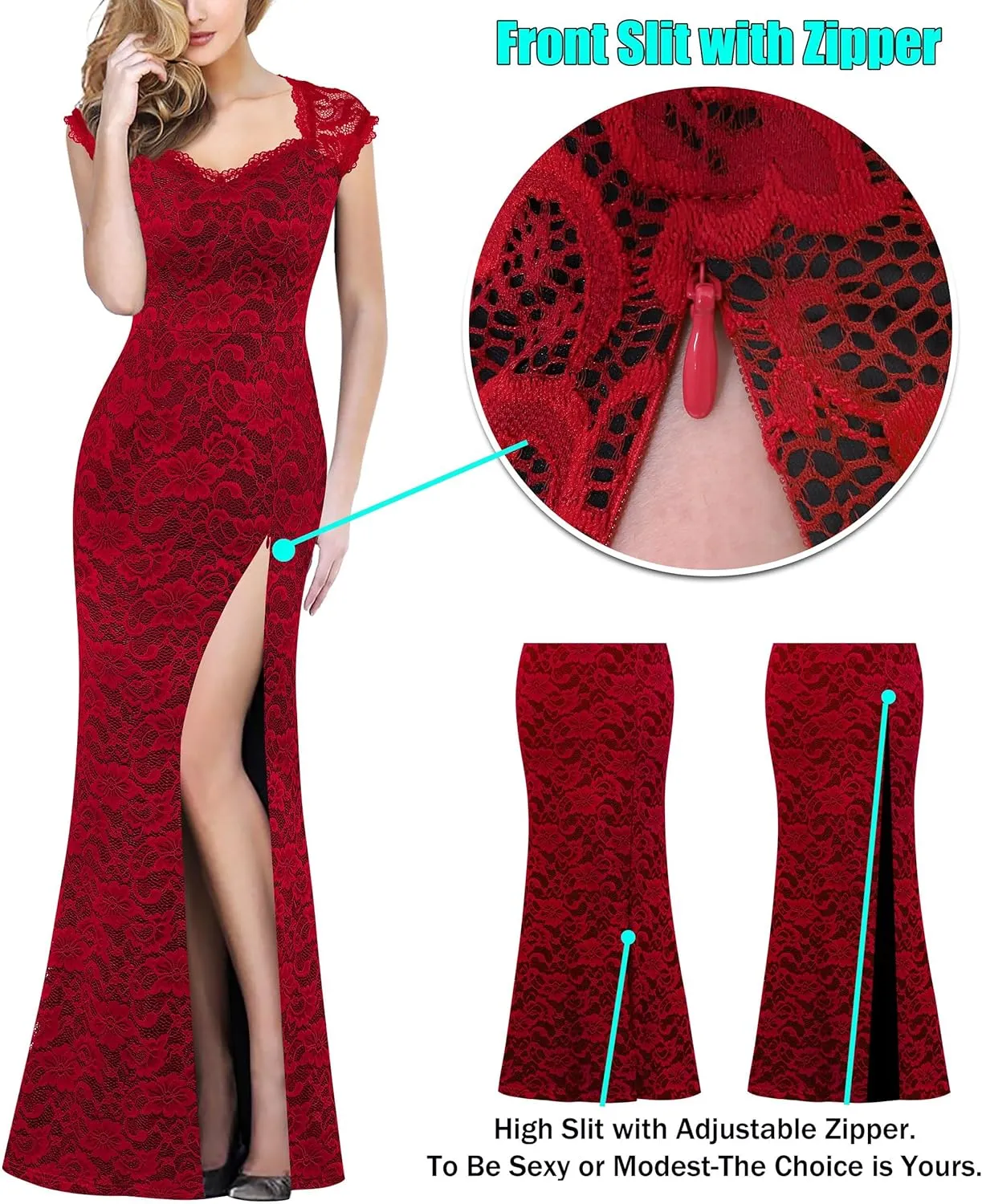 VFSHOW Womens Floral Lace Sweetheart Neck Open Back Zipper High Split Formal Evening Gown Wedding Prom Maxi Long Dress