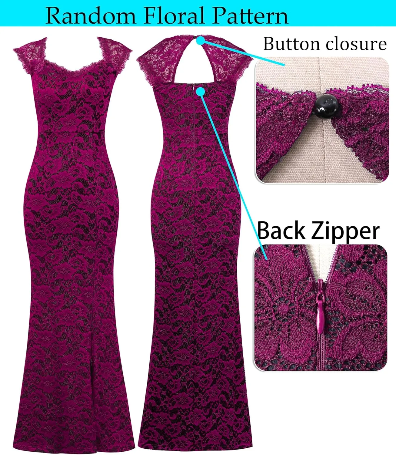 VFSHOW Womens Floral Lace Sweetheart Neck Open Back Zipper High Split Formal Evening Gown Wedding Prom Maxi Long Dress