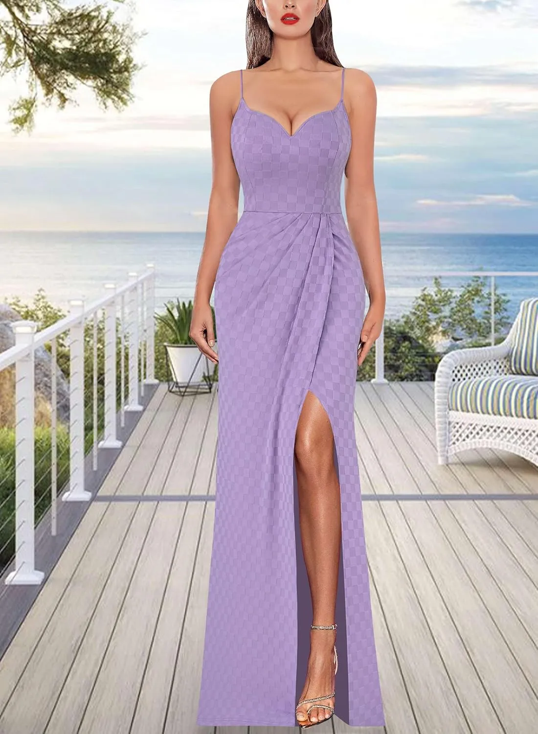 VFSHOW Womens Sexy Formal Ruched Fitted High Slit Bodycon Maxi Dress Spaghetti Strap Sweetheart Cocktail Prom Evening Gown