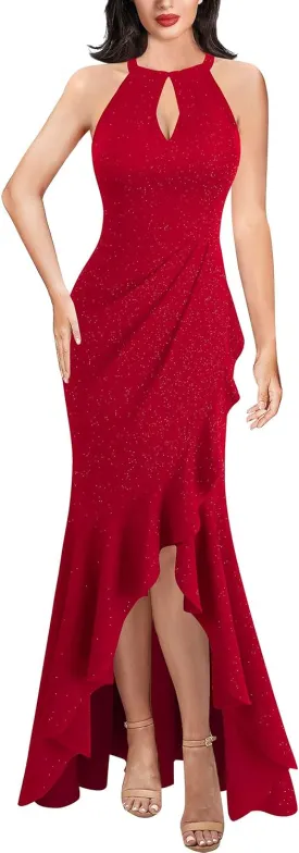 VFSHOW Womens Sexy Halter Neck Formal Cutout Ruffle Slit Ruched Prom Maxi Dress Wedding Guest HI-LO Mermaid Evening Gown
