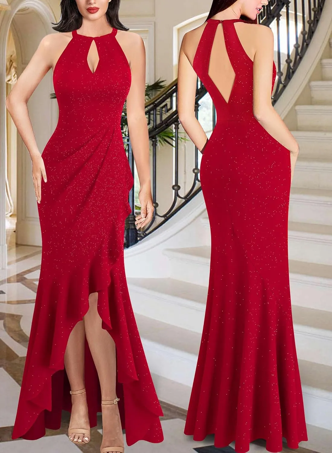 VFSHOW Womens Sexy Halter Neck Formal Cutout Ruffle Slit Ruched Prom Maxi Dress Wedding Guest HI-LO Mermaid Evening Gown